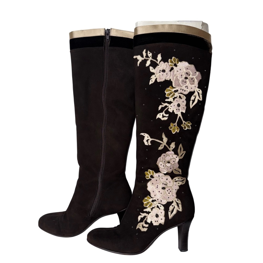 Vtg Y2K Cole Haan Brown Suede Floral Embroidered Tall‎ Heel Boots Womens 6.5